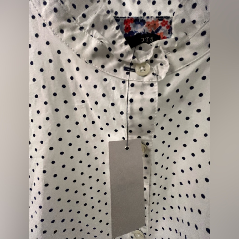 NWT Talbots Blouse White Popover Ruffle Neck Polka Dot Long Sleeve Size M Petite - Picture 9 of 12